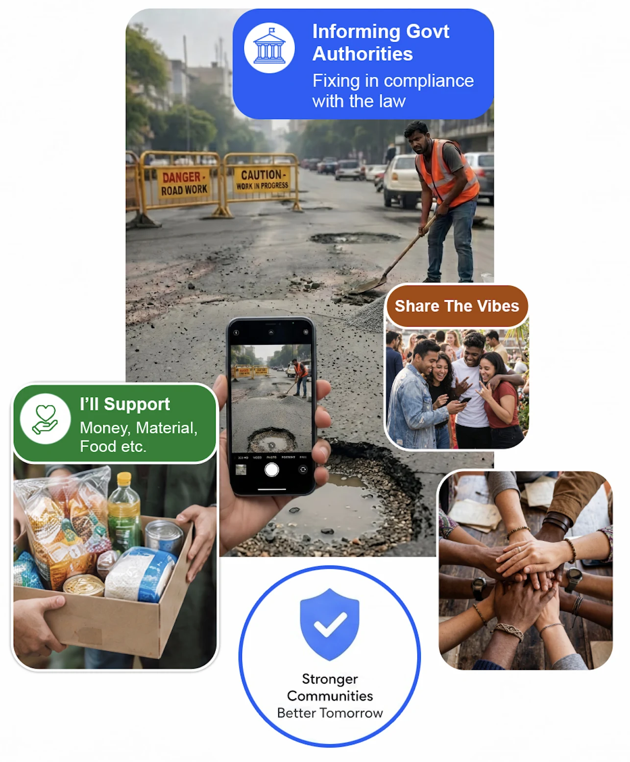 A worker repairing a potholed road, a phone photographing the pothole, friends over a phone, a food parcel handed over and hands joined, labelled “Informing Govt Authorities”, “Share The Vibes” and “I’ll Support”